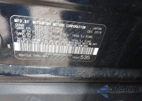 2019 Mitsubishi Eclipse Cross Es из США, поврежденный, VIN JA4AT3AA5KZ032262